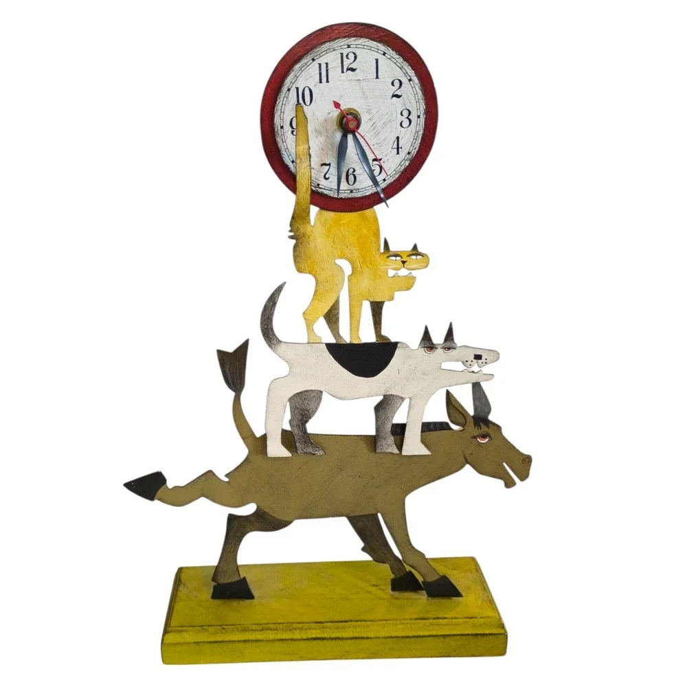 Whimsical Folk Art Wooden Shelf Clock Town Musician Bremen Donkey Dog Cat Signed